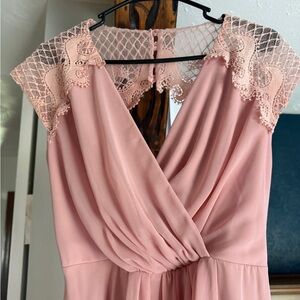 Blush Pink Long Maxi Dress with Lace Cap Sleeves and Open Back.